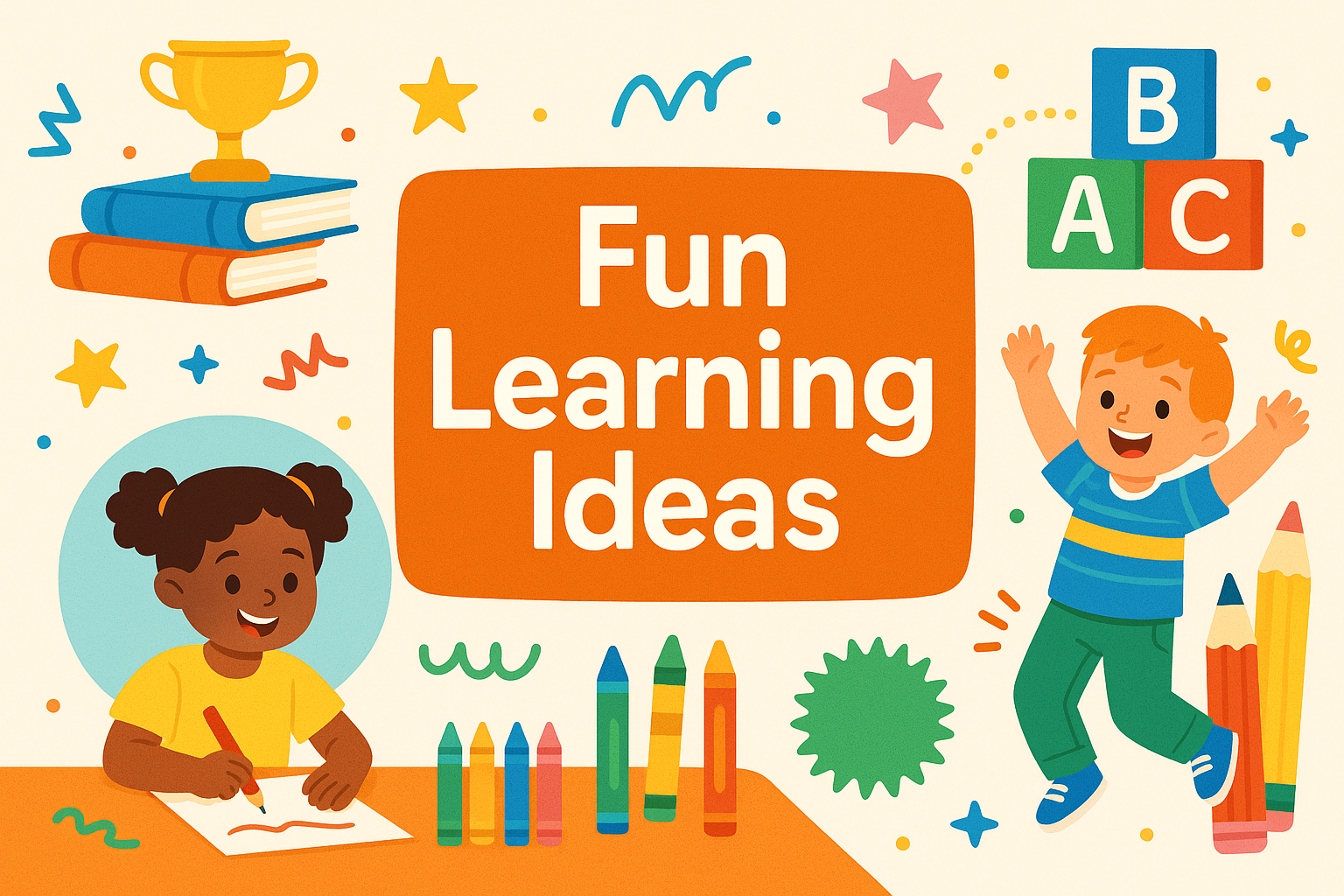 Fun learning ideas for kids - colorful illustration with children playing, books, crayons, and educational blocks