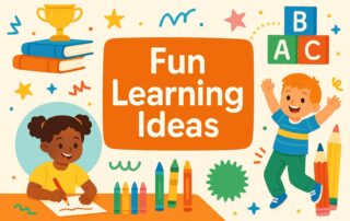 Fun learning ideas for kids - colorful illustration with children playing, books, crayons, and educational blocks