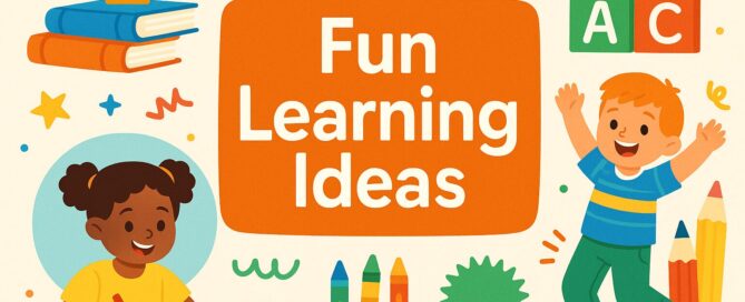 Fun learning ideas for kids - colorful illustration with children playing, books, crayons, and educational blocks