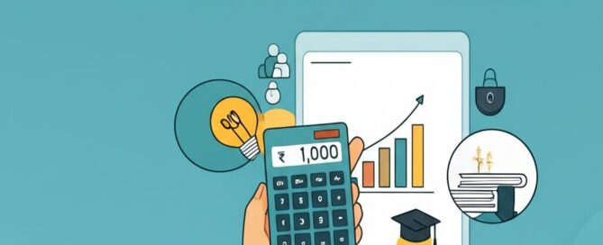 Illustration of Indian mutual fund investment with charts, rupee symbols, and a mobile financial calculator app