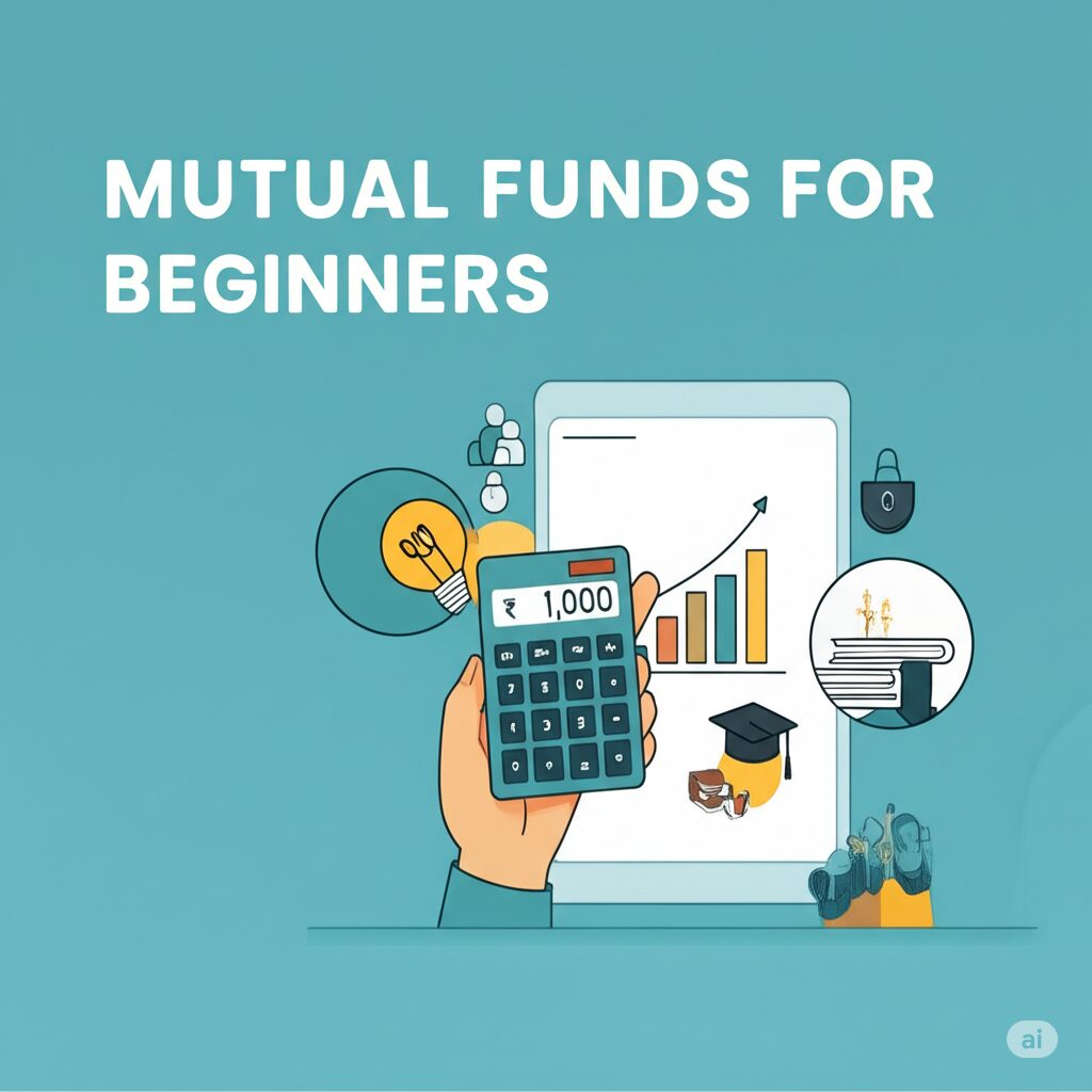 Mutual-Funds-in-India-–-Smart-Investment-Guide Illustration of Indian mutual fund investment with charts, rupee symbols, and a mobile financial calculator app
