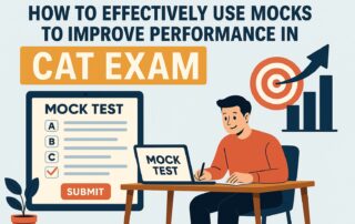 An informational digital illustration featuring a student using mock tests to prepare for the CAT Exam, with charts, graphs, and a tablet showing the mock test interface.
