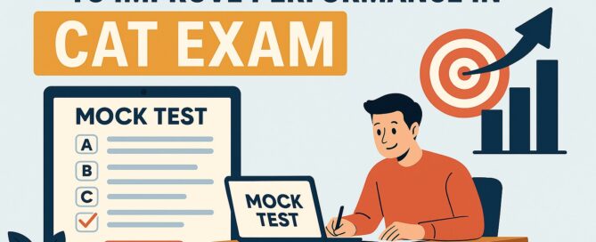 An informational digital illustration featuring a student using mock tests to prepare for the CAT Exam, with charts, graphs, and a tablet showing the mock test interface.
