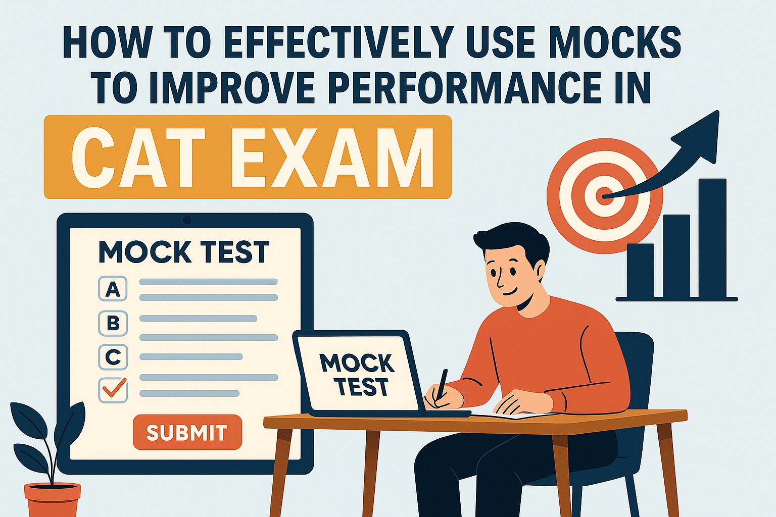 cat-exam-performance-mock-tests-strategy An informational digital illustration featuring a student using mock tests to prepare for the CAT Exam, with charts, graphs, and a tablet showing the mock test interface.