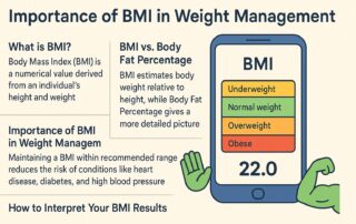 Infographic explaining the importance of BMI in weight management with a BMI calculator chart, smartphone illustration, and health icons for easy understanding.