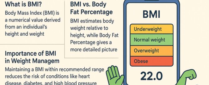 Infographic explaining the importance of BMI in weight management with a BMI calculator chart, smartphone illustration, and health icons for easy understanding.