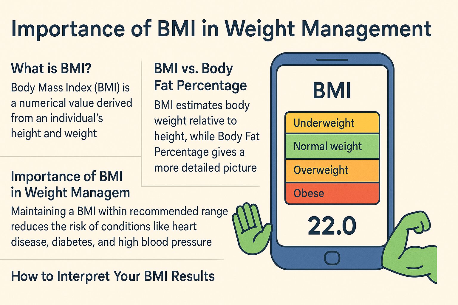 Infographic explaining the importance of BMI in weight management with a BMI calculator chart, smartphone illustration, and health icons for easy understanding.