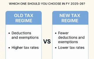 Infographic comparing Old vs New Tax Regime in India for FY 2025-26 including slabs, rates, and benefits