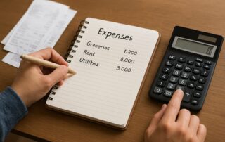 A person writing daily expenses in a notebook with a calculator and receipts on a wooden table, symbolizing financial freedom through personal budgeting.