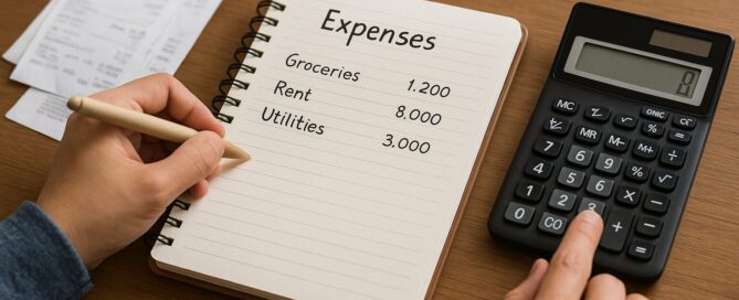 A person writing daily expenses in a notebook with a calculator and receipts on a wooden table, symbolizing financial freedom through personal budgeting.