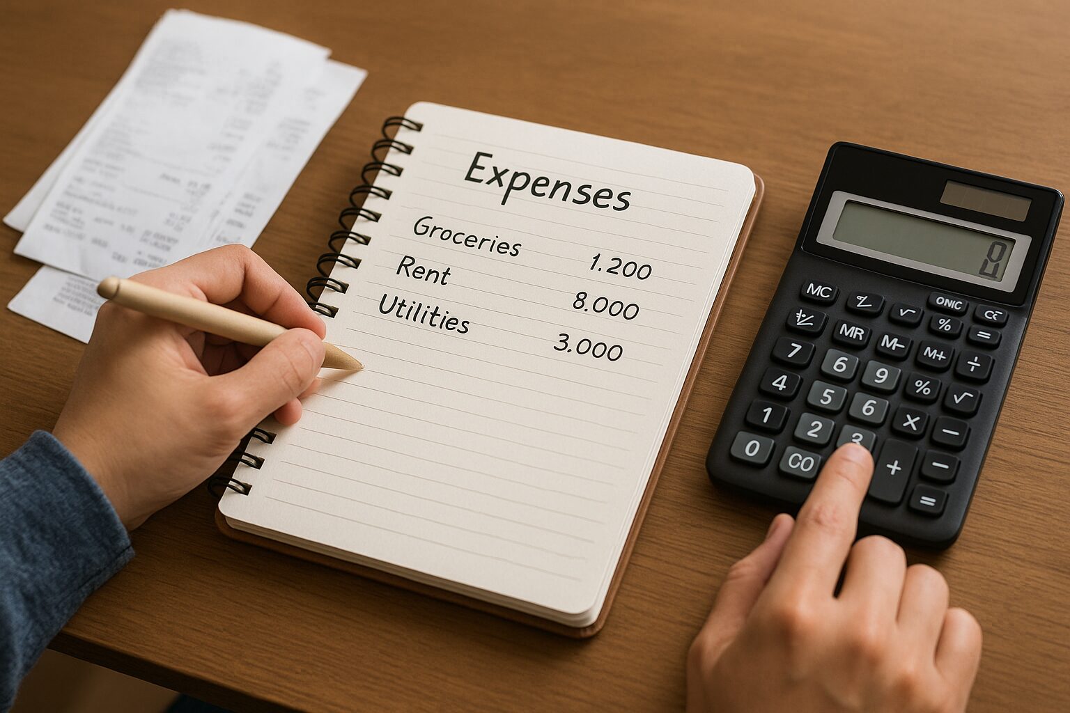 person-tracking-expenses-notebook-calculator A person writing daily expenses in a notebook with a calculator and receipts on a wooden table, symbolizing financial freedom through personal budgeting.