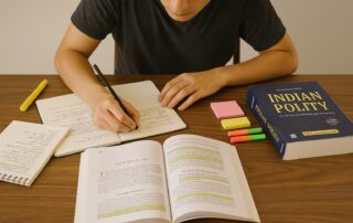 A student studying UPSC preparation books at a desk with notes, highlighters, and a focused mindset.