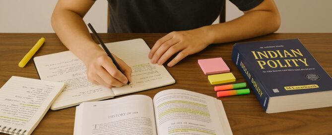 A student studying UPSC preparation books at a desk with notes, highlighters, and a focused mindset.