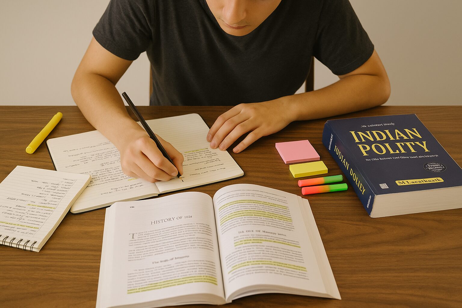 student-studying-upsc-books-desk A student studying UPSC preparation books at a desk with notes, highlighters, and a focused mindset.