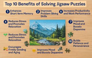 Illustration showing various benefits of solving jigsaw puzzles, including improved memory, problem-solving skills, and stress relief.