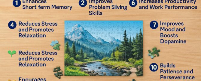 Illustration showing various benefits of solving jigsaw puzzles, including improved memory, problem-solving skills, and stress relief.