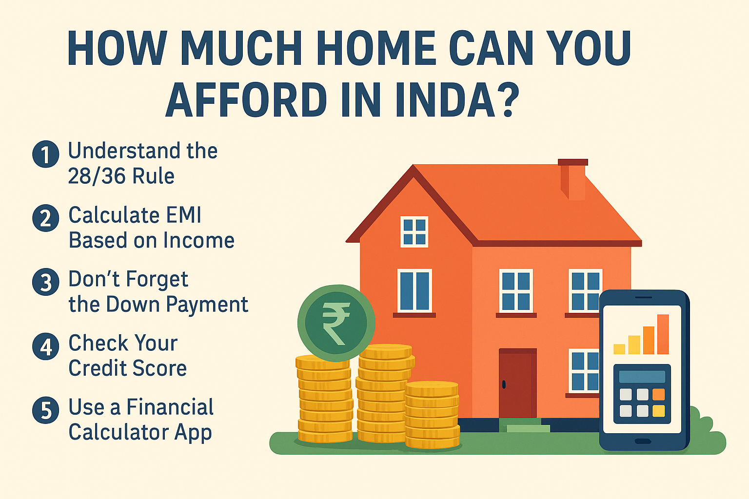 Flat-style infographic showing key steps to determine home affordability in India, including EMI calculation, credit score, down payment, and budget planning.