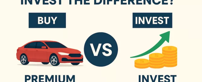 Infographic comparing the cost of buying a ₹25 lakh premium car versus choosing a ₹10 lakh budget car and investing ₹15 lakhs in SIP over 10 years in India.