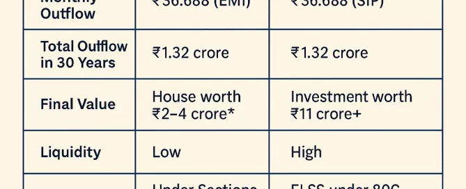 nfographic comparing SIP investment and home loan EMI over 30 years, highlighting monthly outflow, total cost, liquidity, and final value in India.
