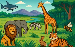 Colorful landscape showing various animals in their natural habitats, perfect for sharing interesting animal facts.