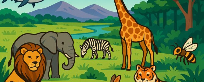 Colorful landscape showing various animals in their natural habitats, perfect for sharing interesting animal facts.