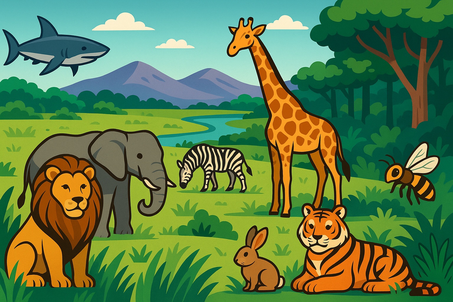 animal-facts-colorful-landscape-natural-habitats Colorful landscape showing various animals in their natural habitats, perfect for sharing interesting animal facts.