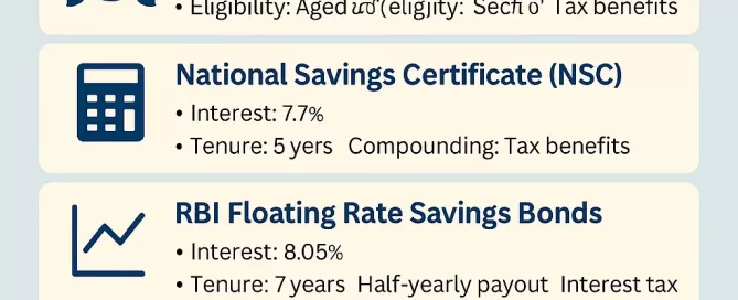 Infographic listing the best government schemes in India for safe investments in 2025, including PPF, SSY, NSC, SCSS, RBI Bonds, POMIS, and KVP with their interest rates and features.