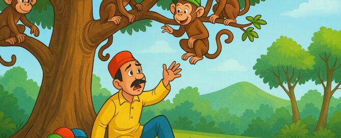 A cartoonish forest scene showing a surprised cap seller sitting under a tree while four monkeys wearing colorful caps sit on branches above him.