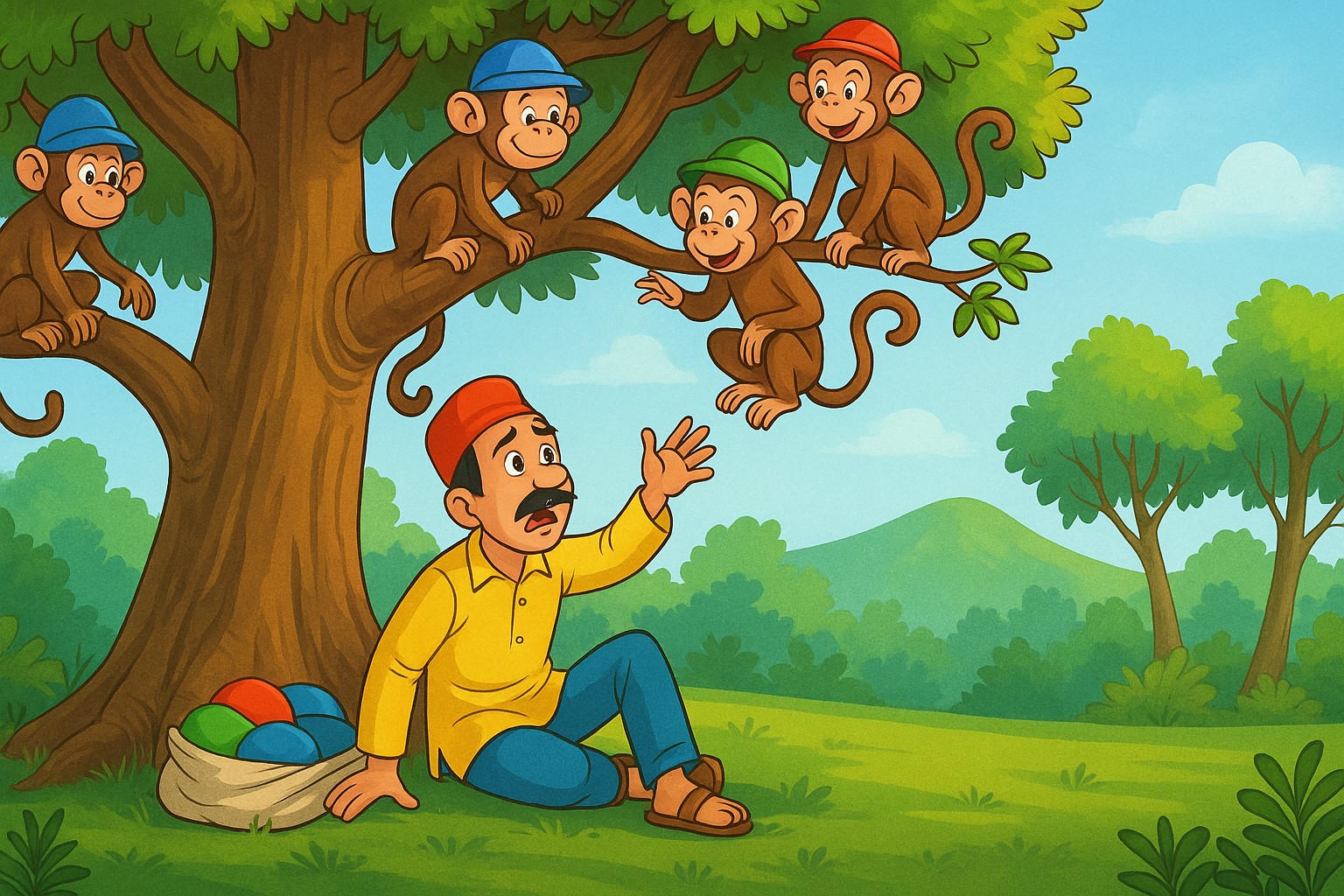 cap-seller-and-monkeys-story-illustration A cartoonish forest scene showing a surprised cap seller sitting under a tree while four monkeys wearing colorful caps sit on branches above him.