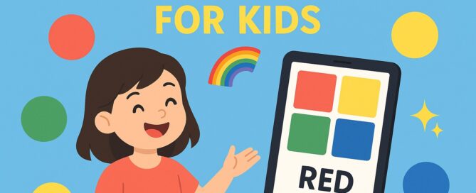 Illustration of a happy child learning colors using a mobile app with red, yellow, green, and blue squares on the screen