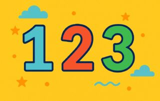 Colorful 123 number illustration for kids on yellow background with stars and clouds, perfect for number learning.