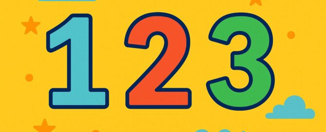 Colorful 123 number illustration for kids on yellow background with stars and clouds, perfect for number learning.