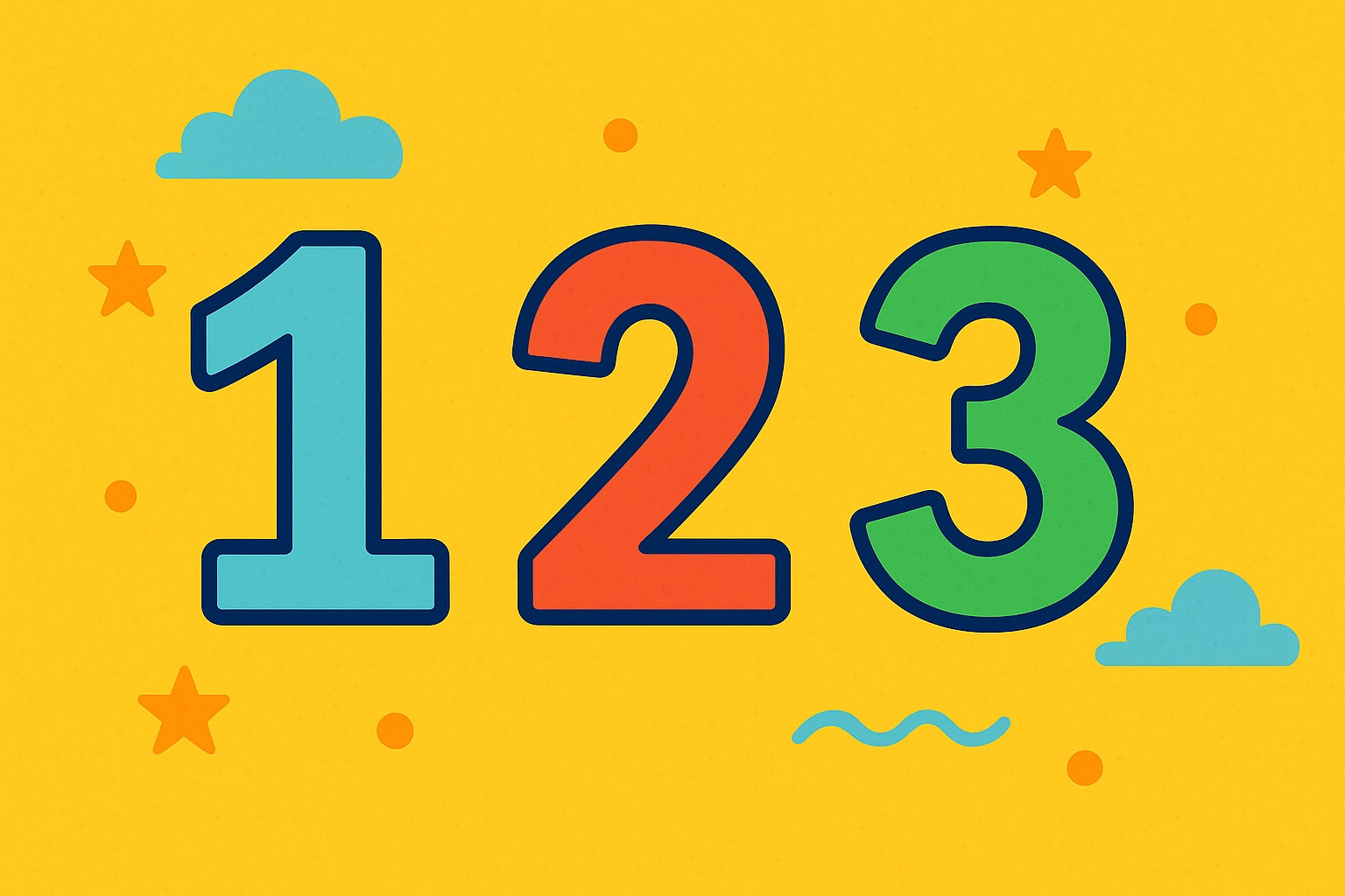 fun-colorful-123-number-learning-banner Colorful 123 number illustration for kids on yellow background with stars and clouds, perfect for number learning.
