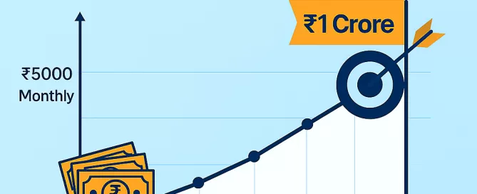 Infographic showing how a ₹5000 monthly SIP in mutual funds can grow to ₹1 crore in 20–25 years with a graph, money icon, and target symbol.