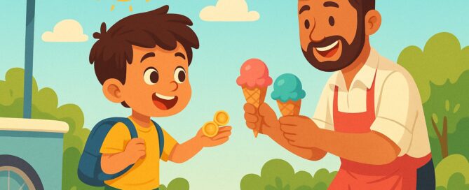 A young boy happily buying ice cream from a vendor using coins, illustrating learning numbers in a fun everyday scenario.