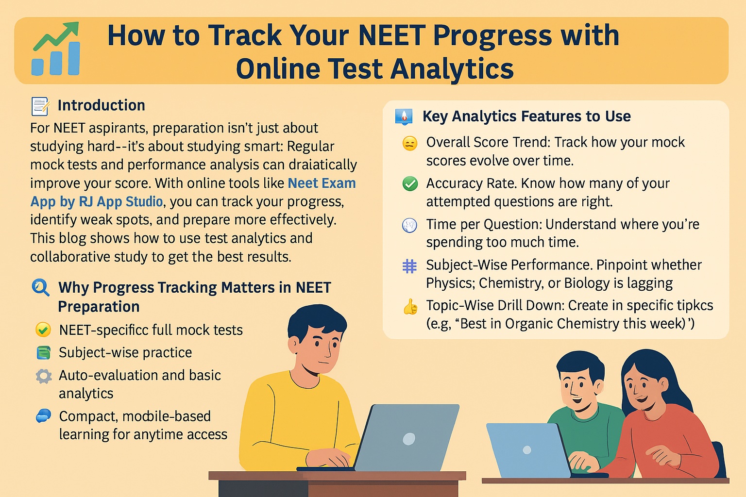 neet-progress-tracking-analytics-illustration-details A colorful 2D infographic titled "How to Track Your NEET Progress with Online Test Analytics." It features two sections: one with textual tips and another with illustrations of students using laptops. The tips highlight the importance of mock tests, app features, and key analytics like accuracy, time per question, and subject-wise performance. Icons and emojis accompany each point. Three students at the bottom are shown studying collaboratively on laptops, indicating peer learning and performance tracking. The layout is in landscape format with a light yellow background.
