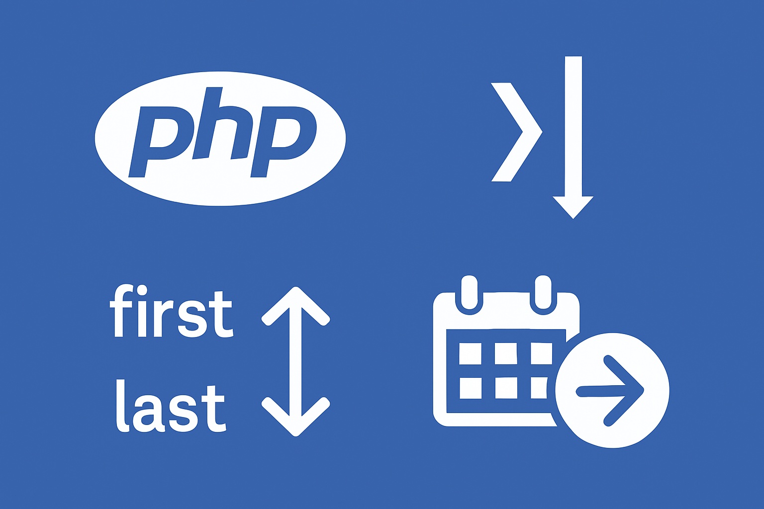 php-8-5-features-landscape A 2D vector graphic representing PHP 8.5 features, including the PHP logo, pipe operator, array navigation, and a calendar symbol on a blue background.