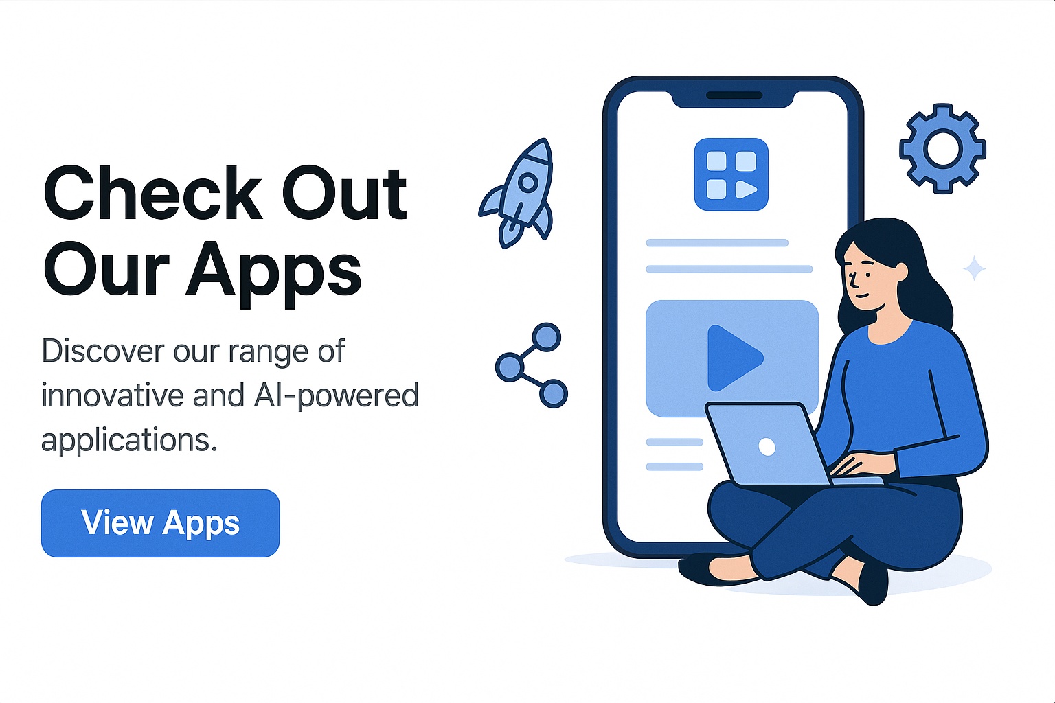 Desktop banner by RJ App Studio showcasing the best mobile apps with a tech-savvy woman using a laptop beside a smartphone, highlighting innovative and AI-powered app solutions.