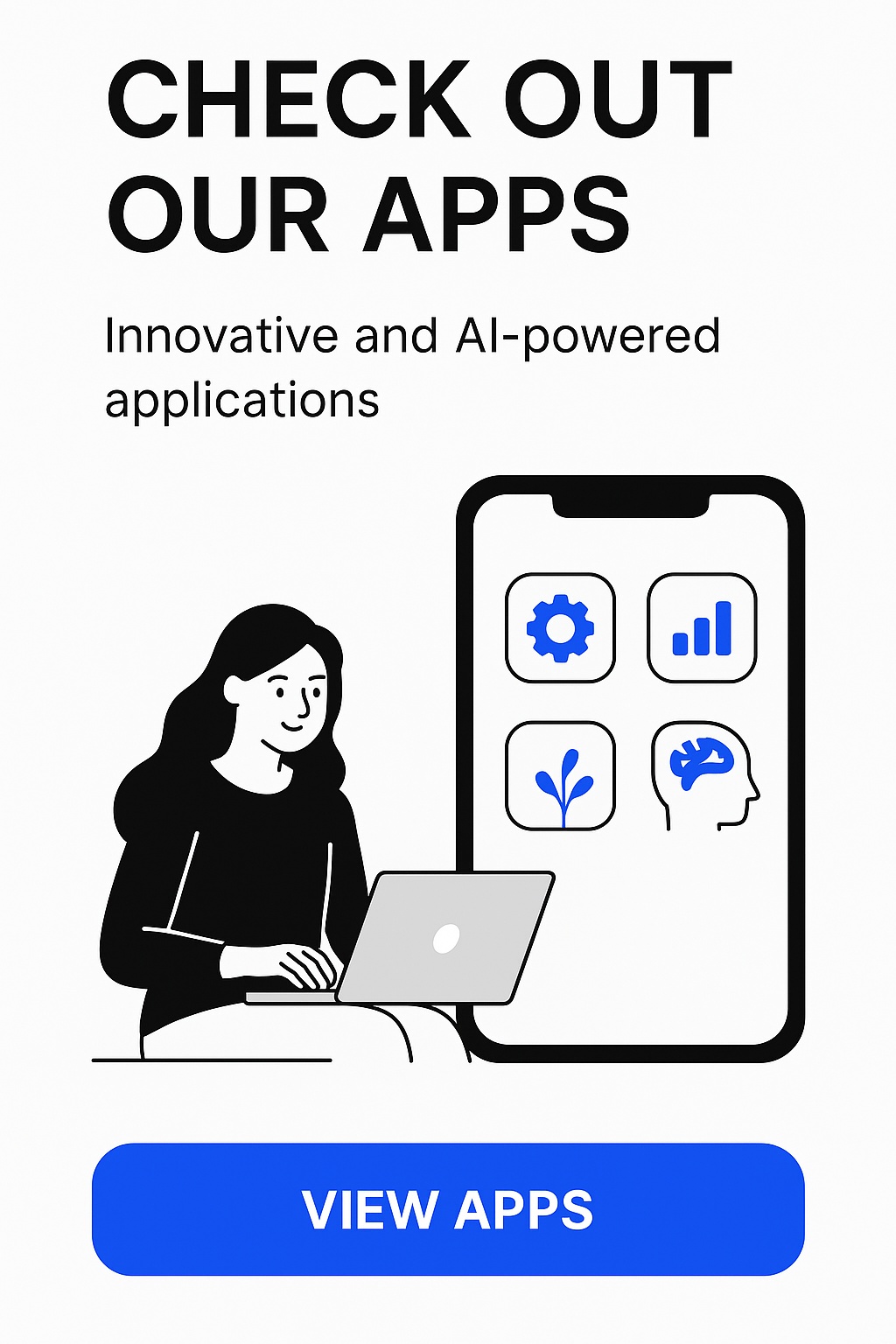 Mobile banner by RJ App Studio featuring a clean layout with app icons, a smartphone, and a woman using a laptop, promoting the best mobile apps developed with smart AI technology.