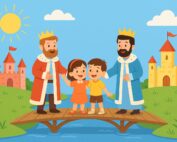 Illustration of two friendly kings and children on a wooden bridge between two kingdoms, symbolizing peace and friendship, story on peace and avoiding war for kids