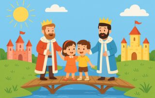 Illustration of two friendly kings and children on a wooden bridge between two kingdoms, symbolizing peace and friendship, story on peace and avoiding war for kids
