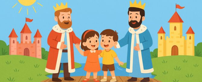 Illustration of two friendly kings and children on a wooden bridge between two kingdoms, symbolizing peace and friendship, story on peace and avoiding war for kids