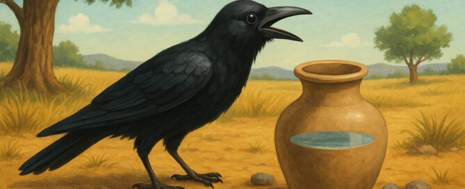 A black crow near a clay pot filled with water in a dry, rural landscape with scattered pebbles and trees in the background.