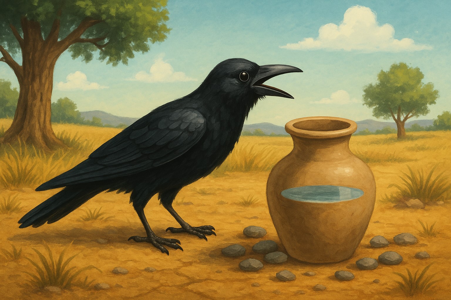 thirsty-crow-smart-work-story A black crow near a clay pot filled with water in a dry, rural landscape with scattered pebbles and trees in the background.
