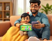 Indian parent and toddler sitting together with a tablet showing a colourful alphabet learning activity