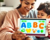 Indian parent and toddler sitting together with a tablet showing a colourful alphabet learning app instead of a video