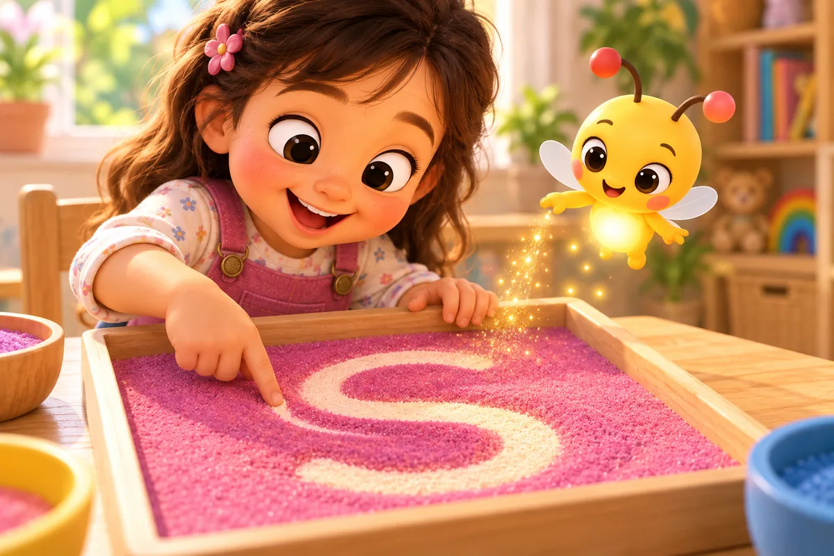 A child traces a big letter S with one finger in a tray of pink sand while Pip the firefly sprinkles sparkles