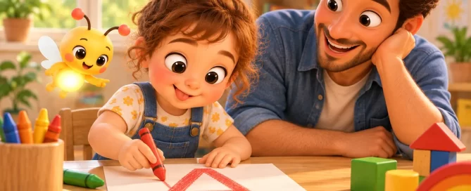 A preschool child traces a big letter A with a red crayon while a parent and Pip the firefly watch