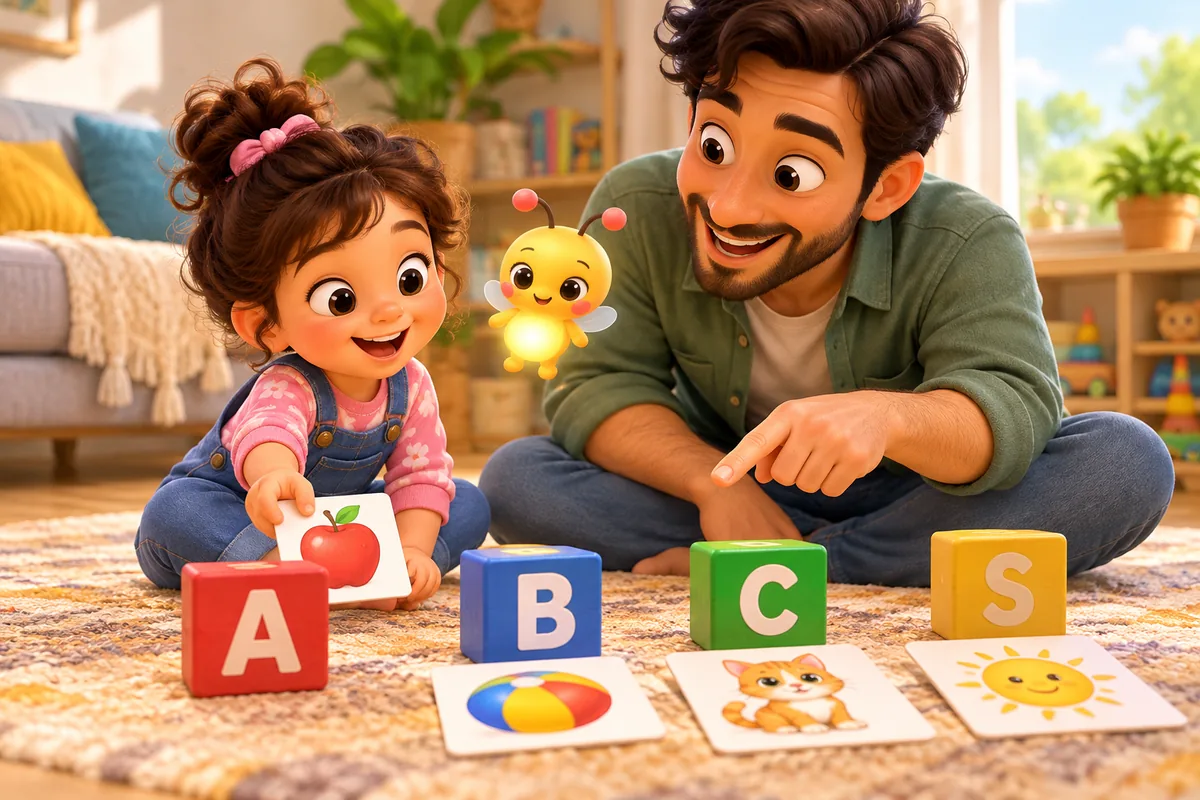 A parent and child match picture cards of an apple, ball, cat and sun to letter blocks A, B, C and S while Pip the firefly watches