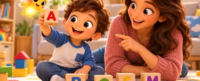 A young child holds up a letter A block next to Pip the firefly while a parent says its sound, with blocks B, C, S and M on the rug